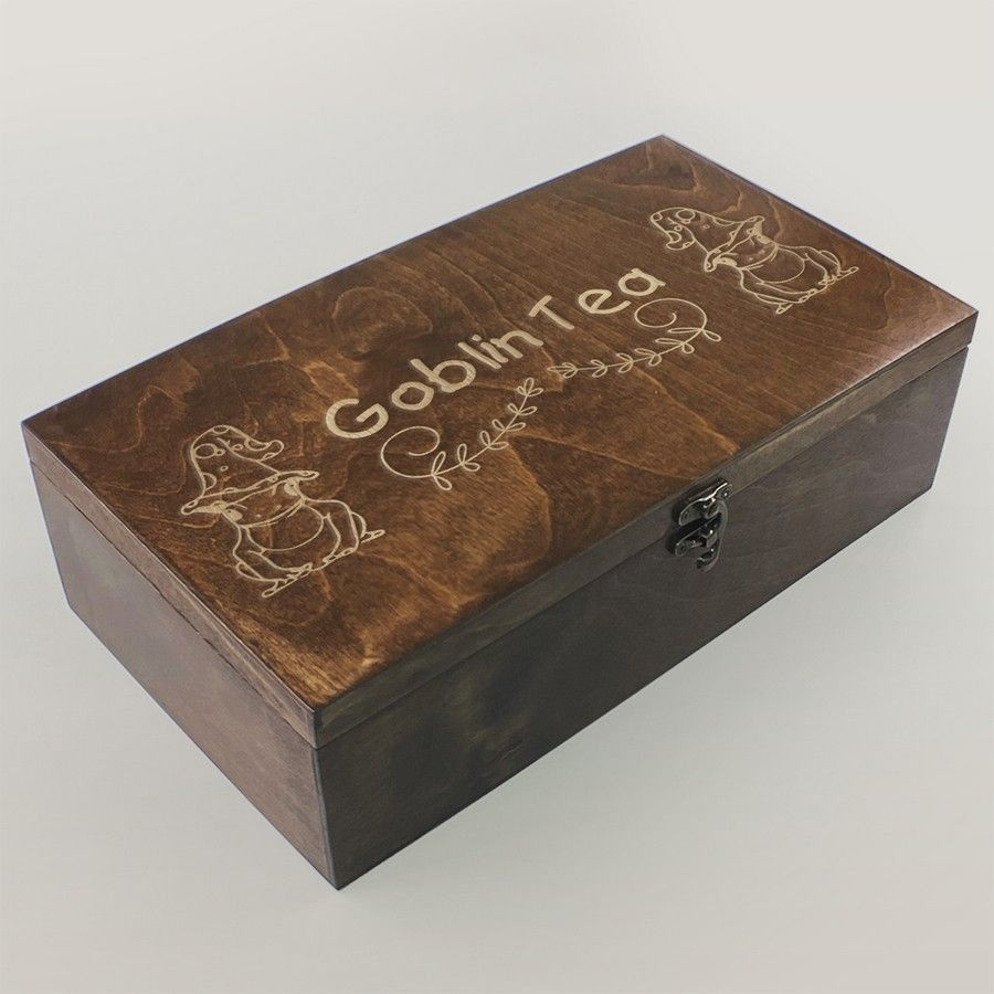 Коробка для чайных пакетиков (Чайница) из дерева, большая, 4 отделения с крышкой (лягушка, гоблинкор, #1