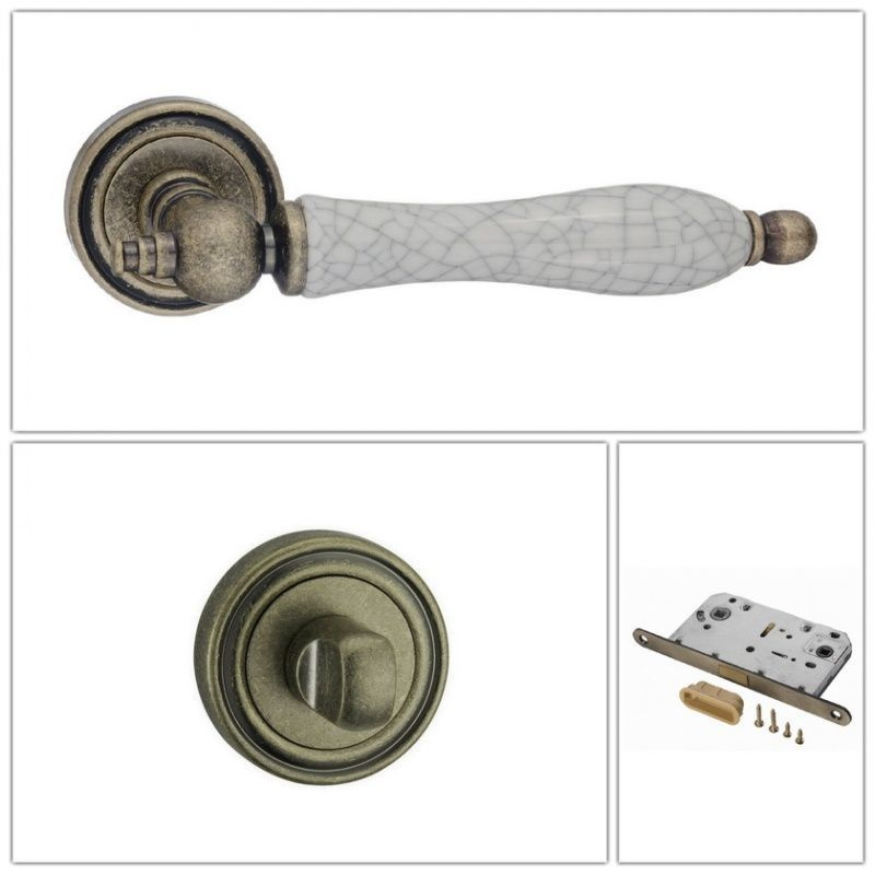 Комплект дверных ручек Renz INDH_615-16_OB/OC_UN, состаренная бронза/керамика (ручка + завертка WC + #1