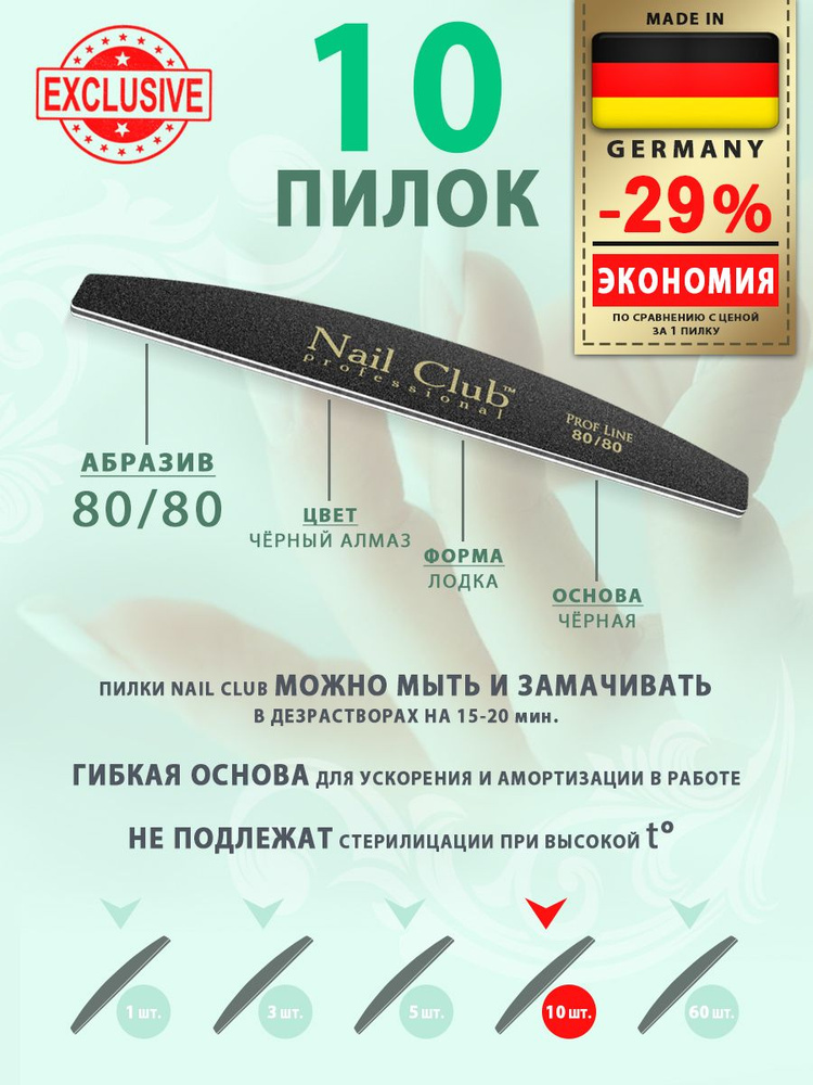 Nail Club professional Маникюрная пилка для опила ногтей чёрная, серия PROF LINE, форма лодка, абразив #1