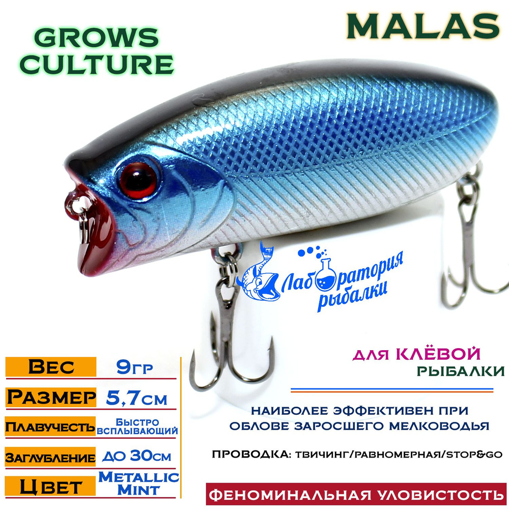 Воблер поверхностный Malas Grows Culture / длина 57 мм , вес 9 гр , цвет 076 Metallic Mint , заглубление #1