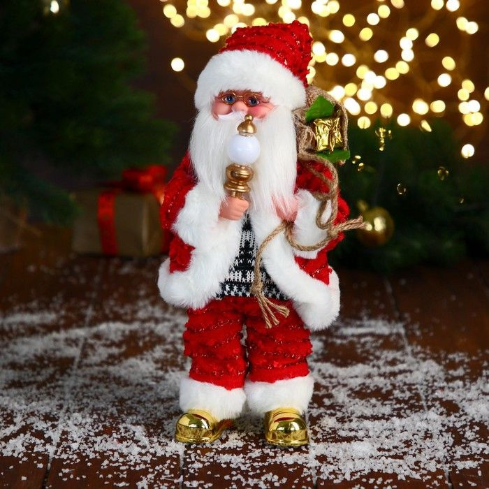 Дед Мороз "В свитере и блестящей шубке с белым мехом" двигается, лампа светится, 15х30 см  #1