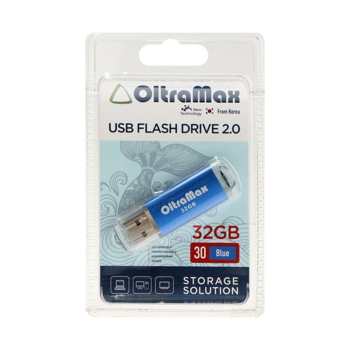 Флешка OltraMax 30, 32 Гб, USB2.0, чт до 15 Мб/с, зап до 8 Мб/с, синяя #1