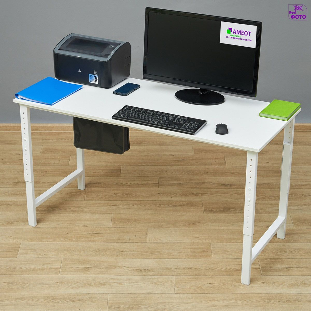 Компьютерный стол регулируемый по высоте Мадий 12WW ш138/г60/в61-91 белый на металлокаркасе  #1