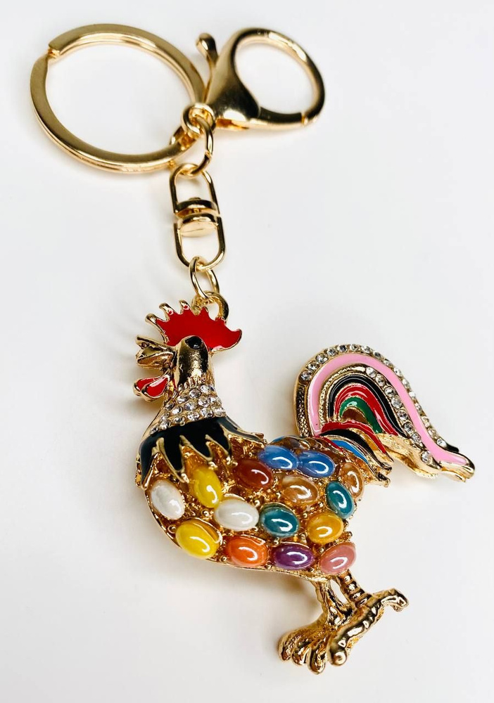 Брелок с карабином для ключей для сумки, большой золотой брелок с камнями, золотой петушок с разноцветными #1