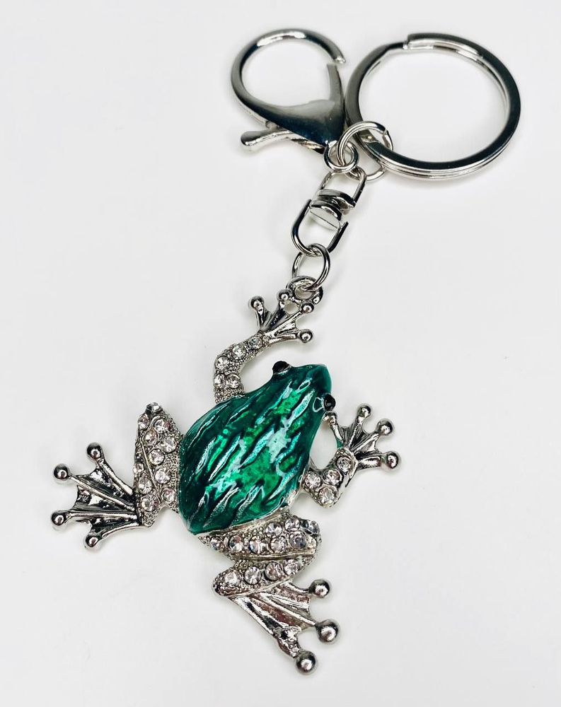 Брелок с карабином для ключей для сумки, большой серебристый брелок с камнями, зеленая лягушка  #1