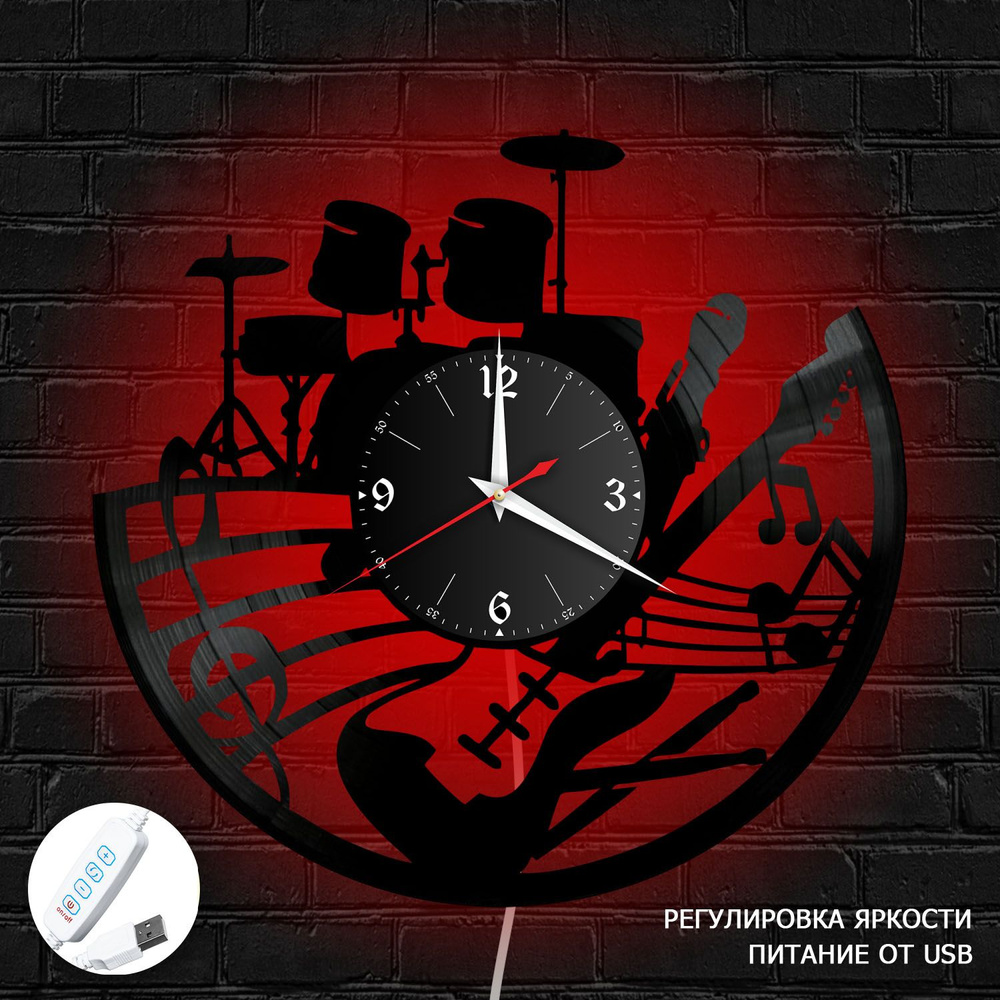 Настенные часы RedLaser "Музыка из винила с красной подсветкой, №5", 30 см  #1