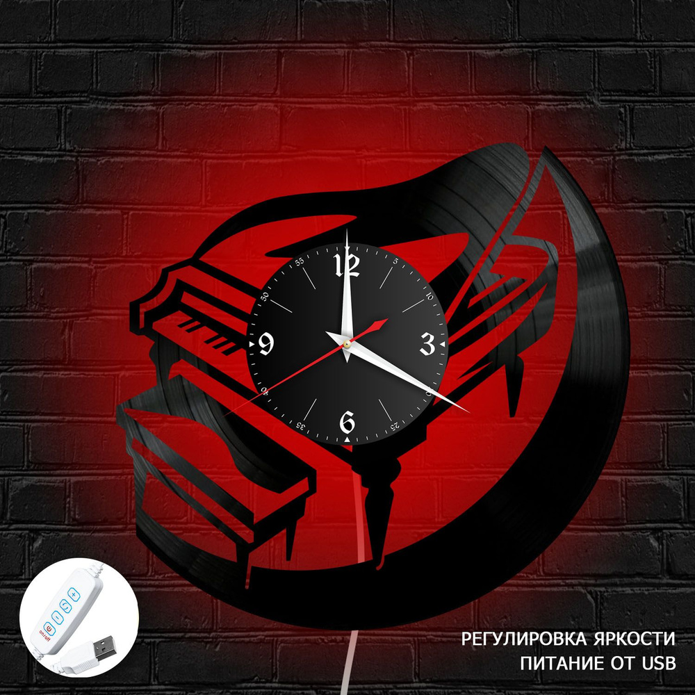 Настенные часы RedLaser "Музыка (Рояль) из винила с красной подсветкой, №25", 30 см  #1