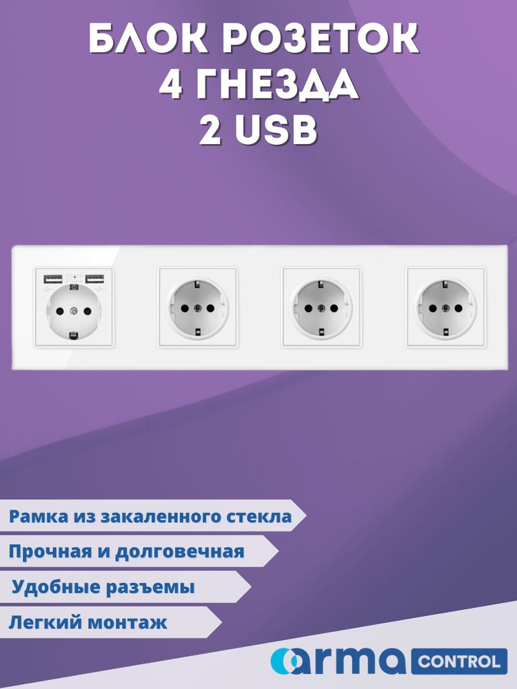 Блок розеток 4 гнезда с 2-мя USB-портами Armacontrol / Зарядки / Розетка с заземлением  #1
