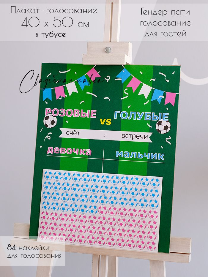 Гендер пати плакат с футбольными шарами и наклейками в виде мячей для конкурса на вечеринке "Мальчик #1