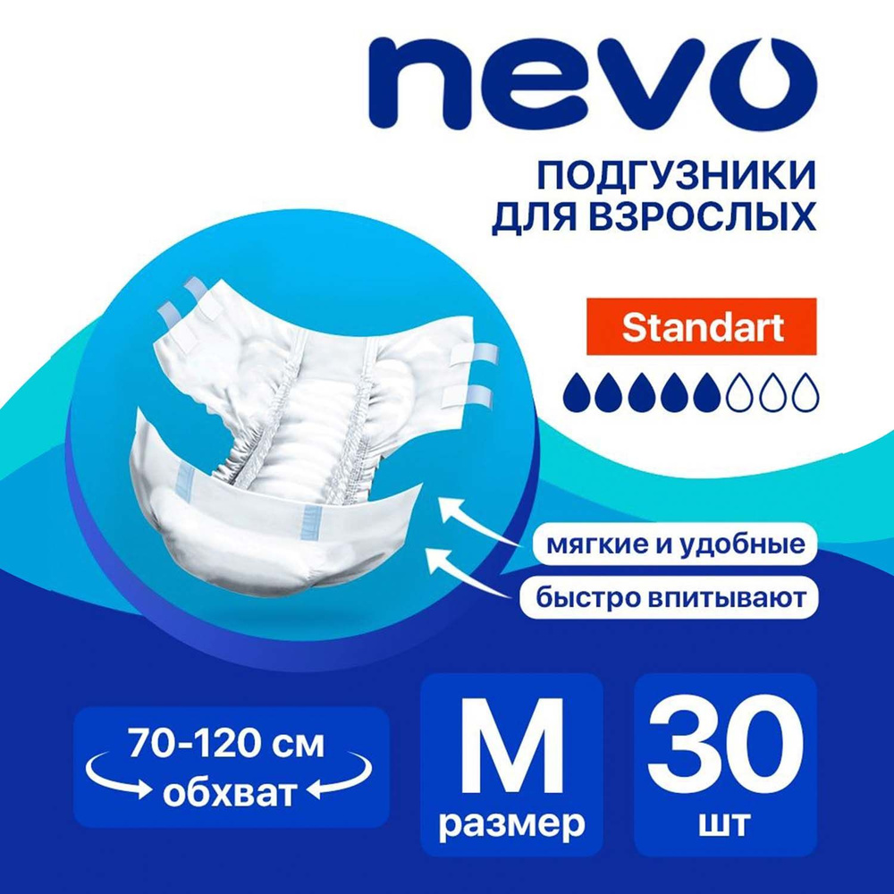 Подгузники для взрослых Nevo Medium Standart, ночные (дневные), 2 Размер, М, 30 штук, одноразовые дышащие #1