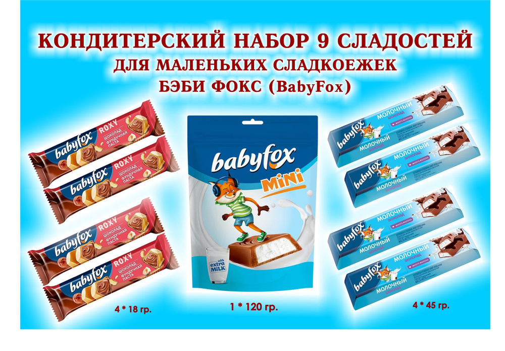 Набор СЛАДОСТЕЙ "BabyFox" - Батончик с молочной начинкой 4 по 45 гр. + Батончик вафельный ROXY 4 по 18 #1