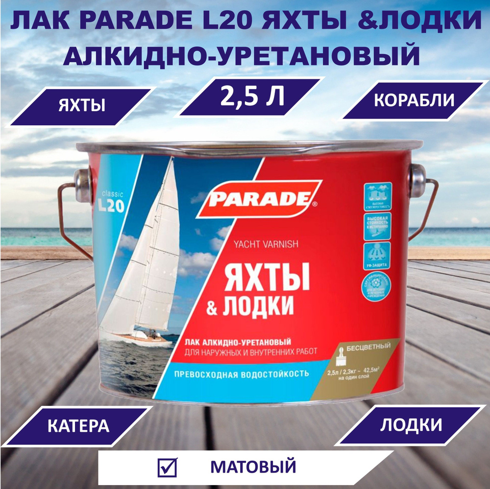 Лак яхтный PARADE алкидно-уретановый L20 Яхты & Лодки матовый 2,5л  #1