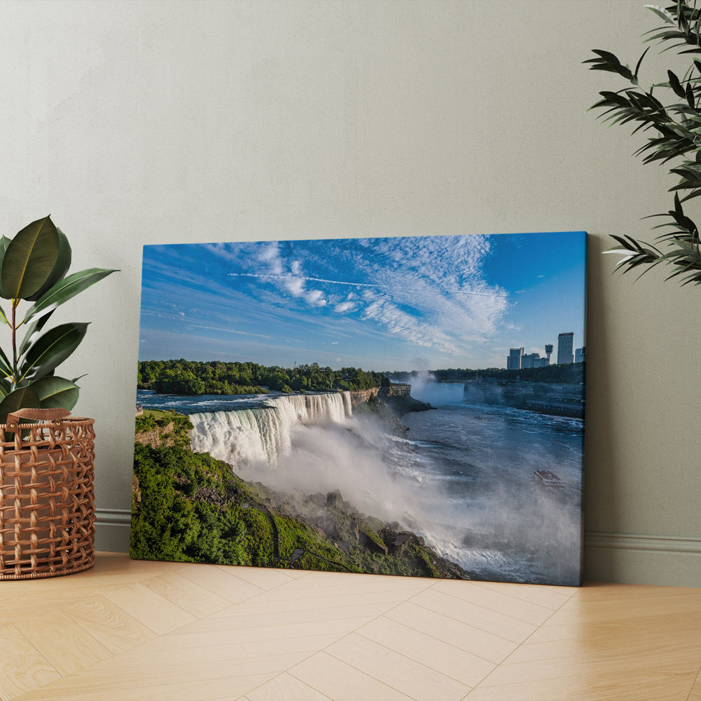 Картина на холсте "Вид на ниагарский водопад и город на заднем плане" 40x60 см. Интерьерная, на стену. #1