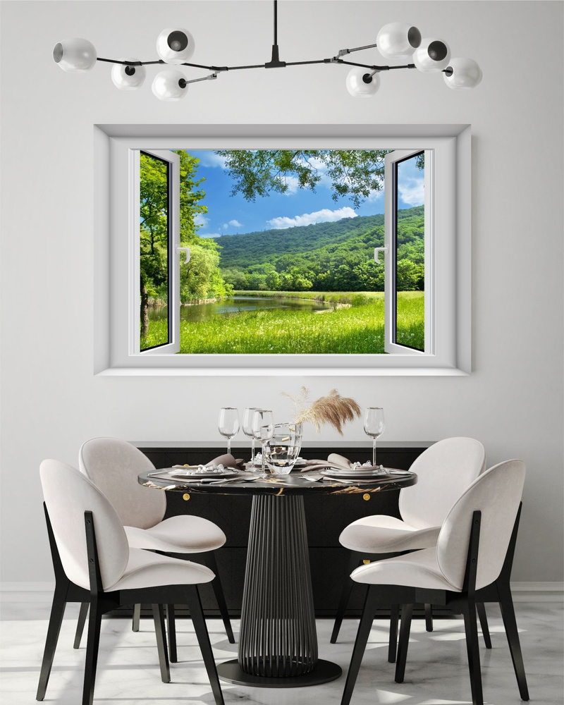 Фотообои, постер с природой "Вид из окна "Летний пейзаж" для спальни, кухни, гостиной 100х150 см.  #1