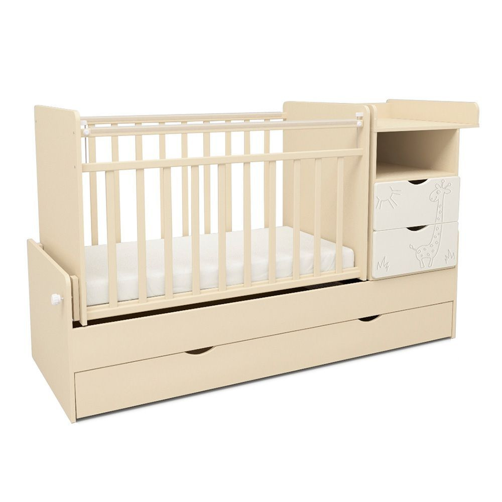 Кроватка трансформер детская ОПТИПРОМ-А Жираф для новорожденных с маятником, комодом и ящиком, бежево-белый #1