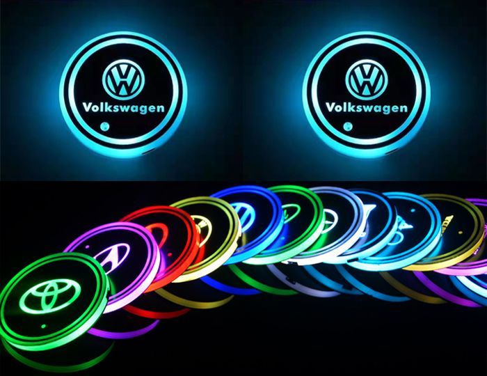 Светодиодная подсветка в автомобильные подстаканники с логотипом марки, комплект 2 шт.  #1