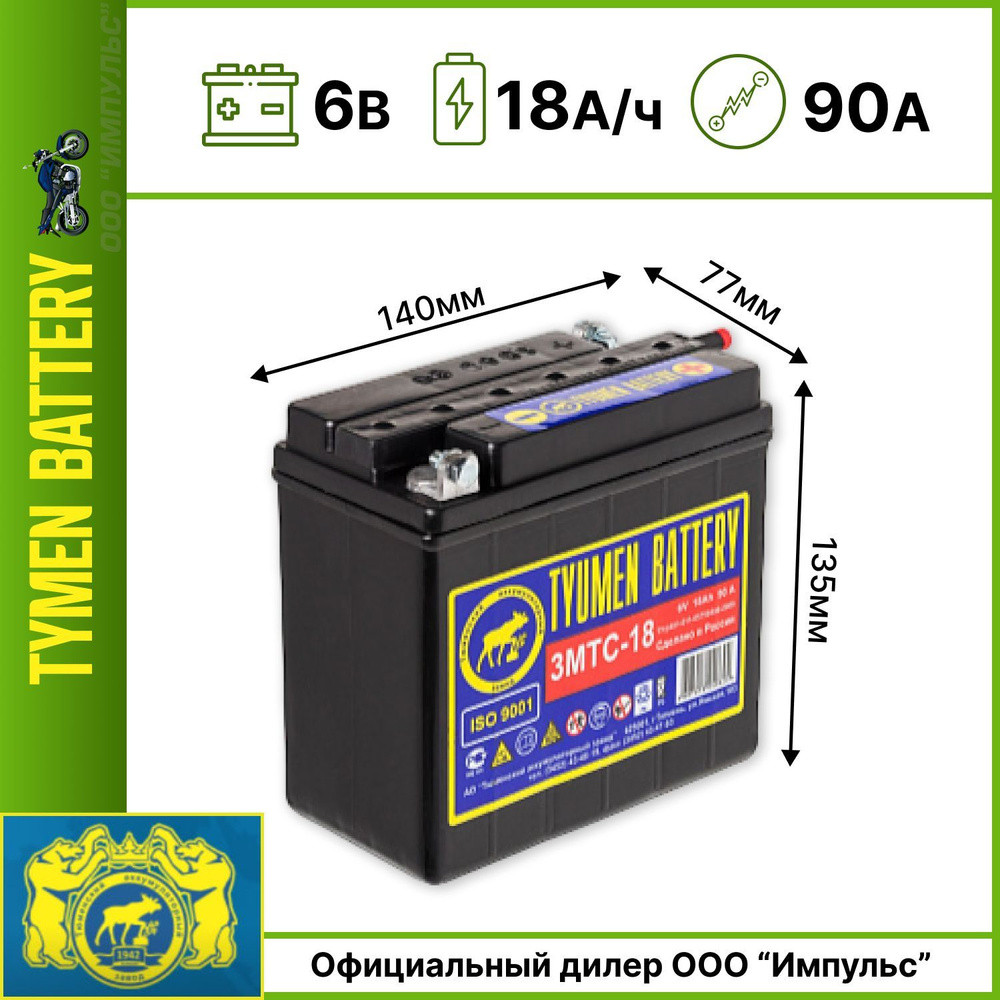 Аккумулятор 6V - 18 А/ч "Тюмень Лидер" болт, сухозаряженный  #1