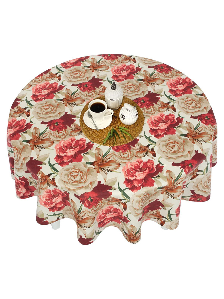 Тефлоновая скатерть на стол тканевая Maifon Розы и Лилии с пропиткой водоотталкивающей. Скатерть круглая #1