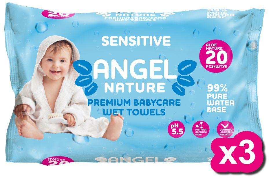 Салфетки влажные детские Angel Sensitive, для чувствительной кожи, голубой 20 шт/3уп.  #1