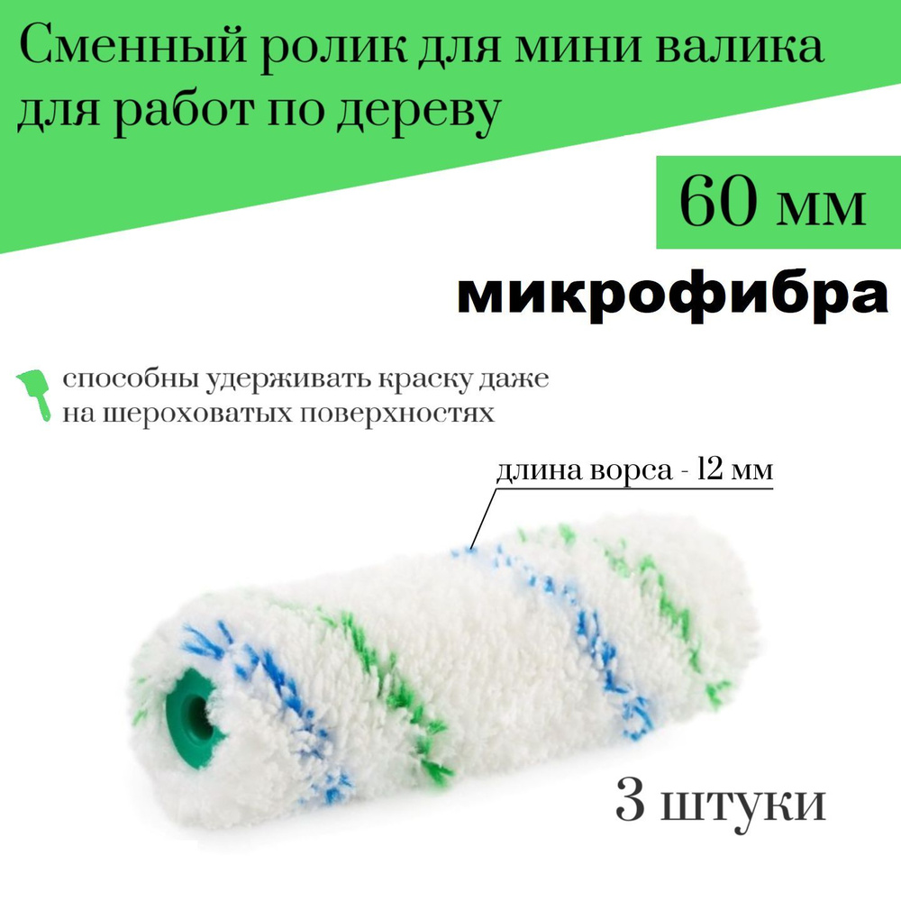 Сменный ролик для мини валика 60 мм Акор Микрофибра для работ по дереву,3 шт  #1
