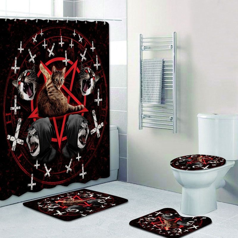 Комплект тканевая штора 180х180 и два коврика для ванной комнаты "Кошачья пентаграмма"  #1
