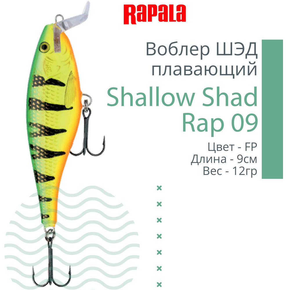 Воблер для рыбалки RAPALA Shallow Shad Rap 09, 9см, 12гр, цвет FP, плавающий  #1