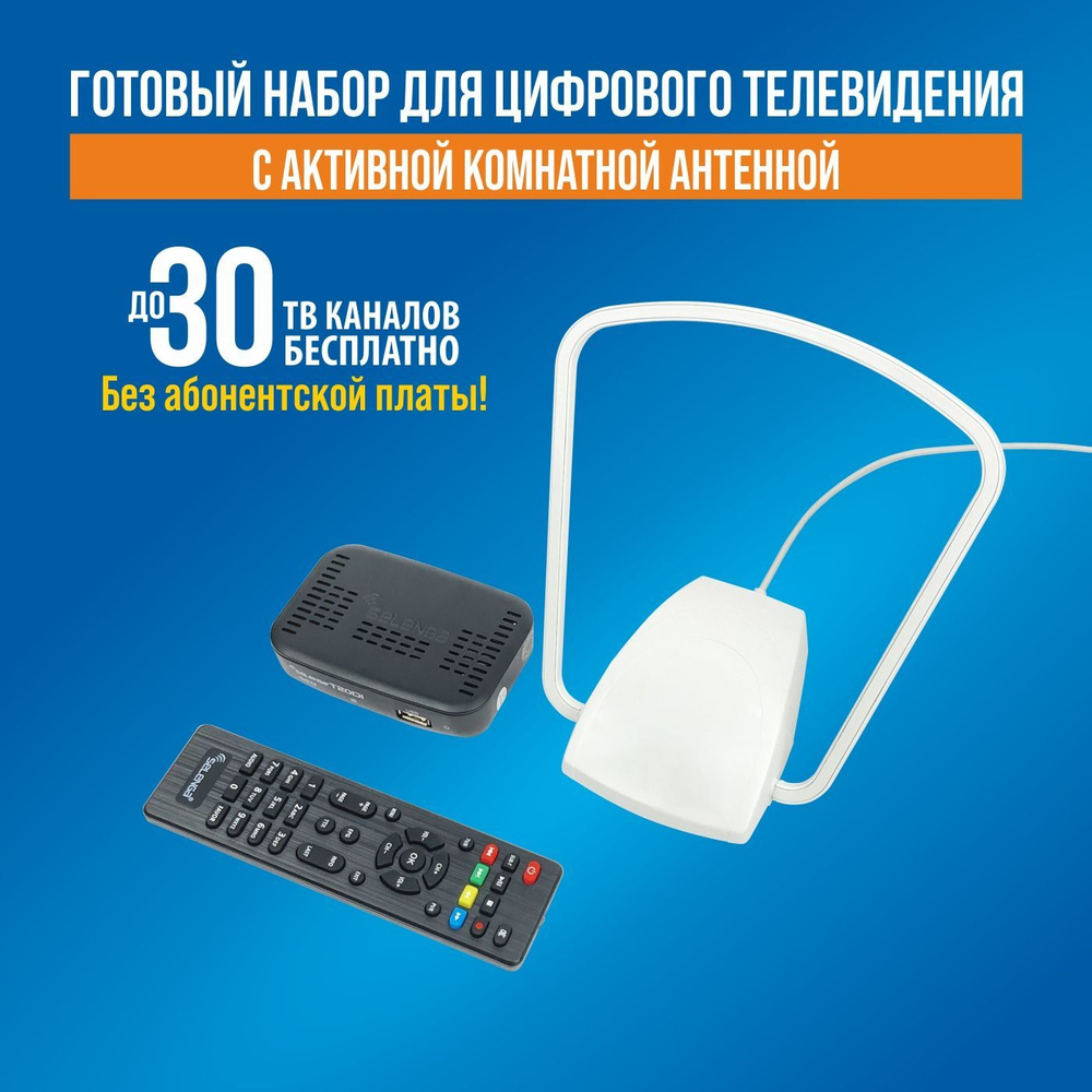 Комплект (ТВ приставка + комнатная антенна) бесплатного цифрового телевидения РЭМО DVB-T2  #1