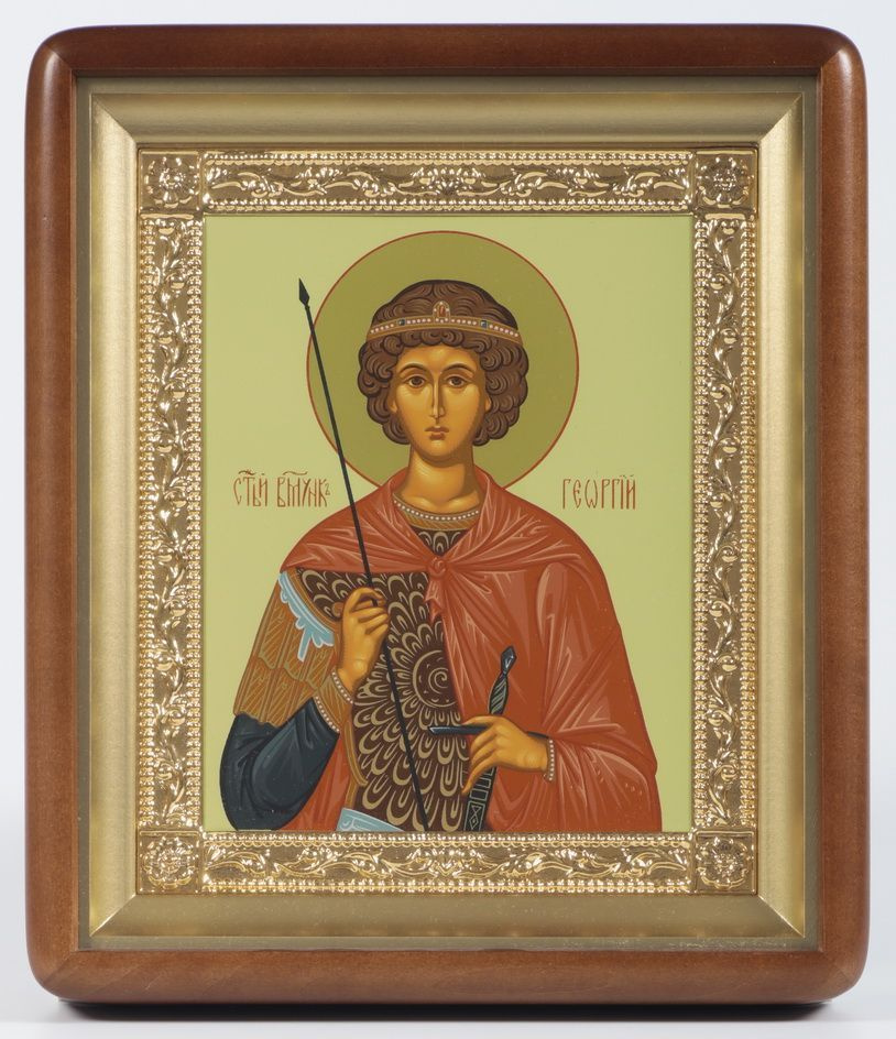Икона Софрино в фигурном киоте 18х24, темпера, золочёная рамка Георгий Победоносец  #1
