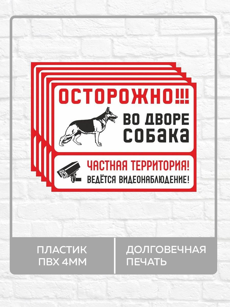 5 табличек "Осторожно во дворе собака, ведется видеонаблюдение" А4 (30х21см)  #1