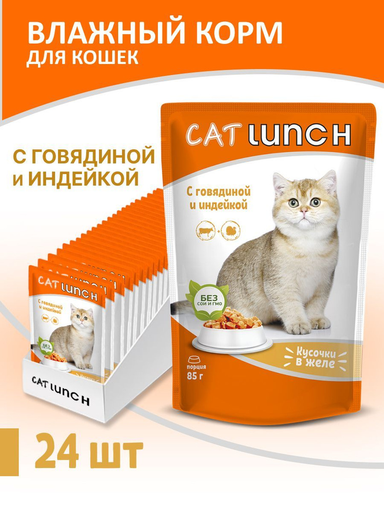 Влажный корм для кошек Cat Lunch кусочки в желе с говядиной и индейкой, пауч, 85г х 24шт  #1