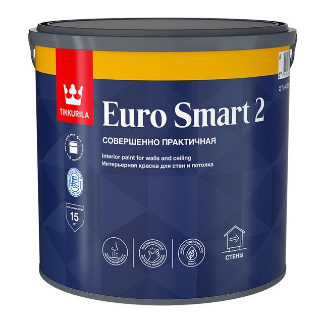 краска акриловая TIKKURILA Euro Smart 2 база A для стен и потолков 2,7л белая, арт.700001103  #1