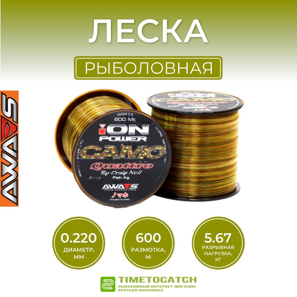 Леска карповая AWA'S Ion Power Camo Quattro 600m 0.220mm камуфляжная #1