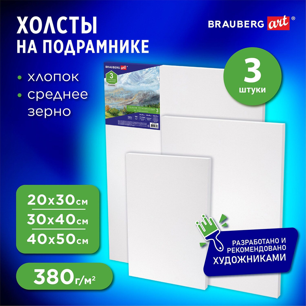 Холст / полотно на подрамнике для рисования Brauberg Art Classic, Набор из 3 штук, 380 г/м, 100%хлопок, #1