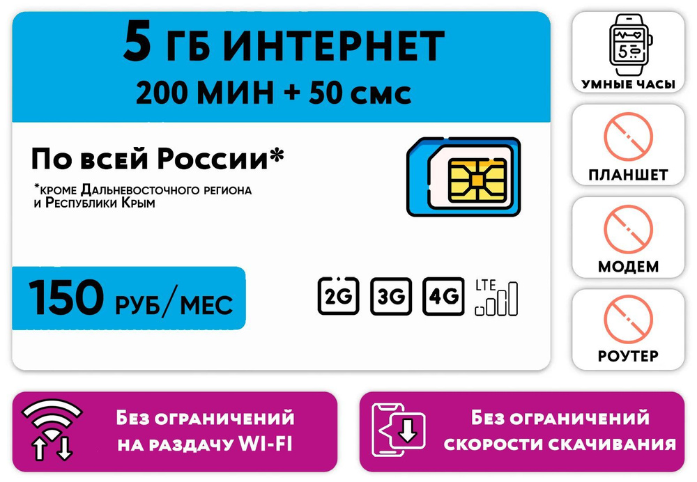 WHYFLY SIM-карта SIM-карта 200 минут + 5 гб интернета 3G/4G/LTE + 50 смс за 150 руб/мес для умных часов(Россия) #1