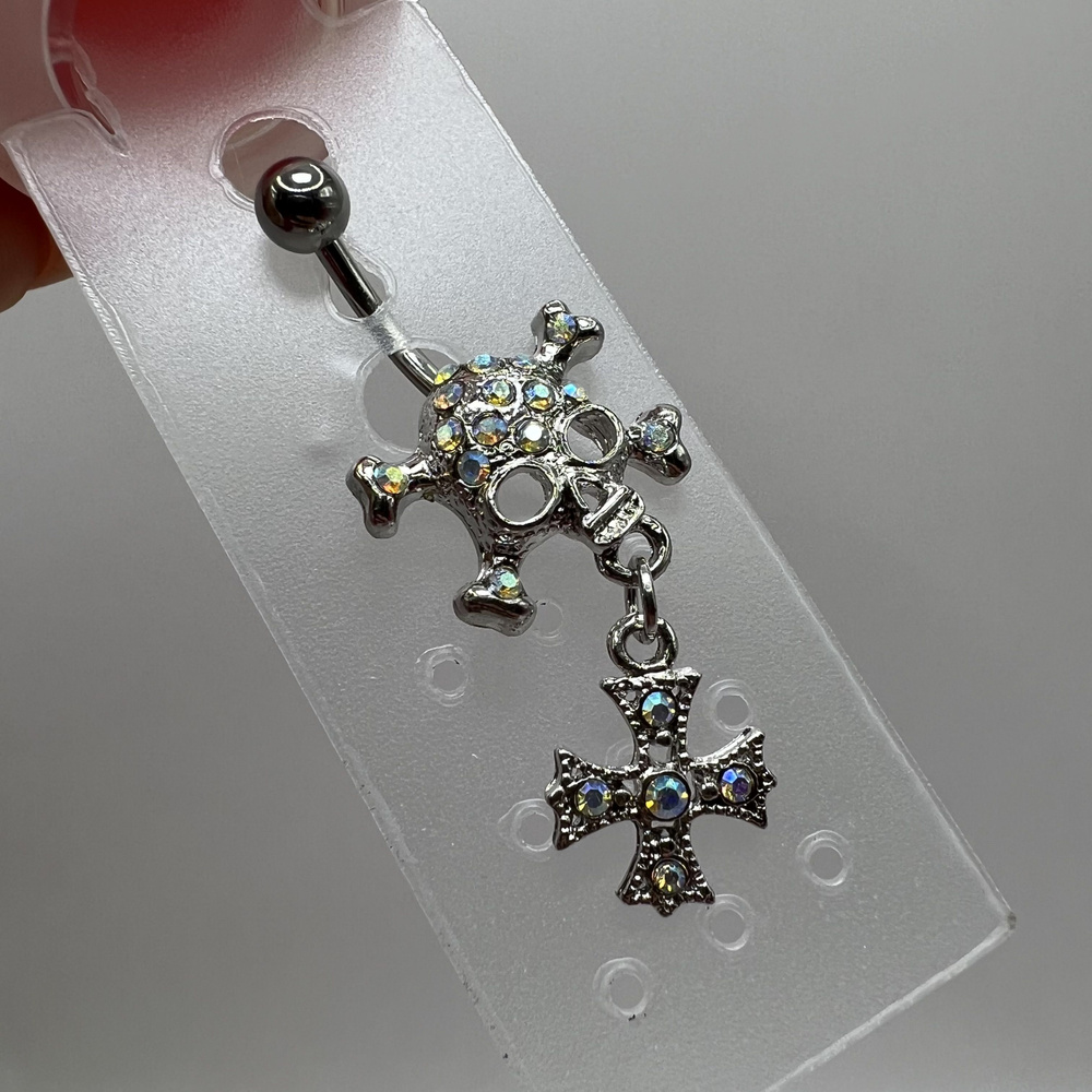 Пирсинг, 14G Navel Dangle Skull / Cross Crystal AB #1