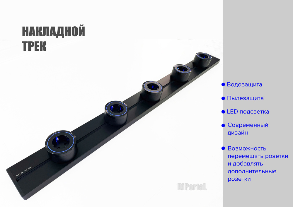 Трековая система DP, накладная металлическая шина 100 см + 5 ЕВРО розеток, черный, розетка-трек, шинопровод #1