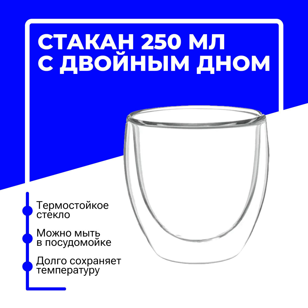 Стакан из двойного стекла 250 мл для чая, кофе и холодных напитков, с термоэффектом, необжигающий руки #1