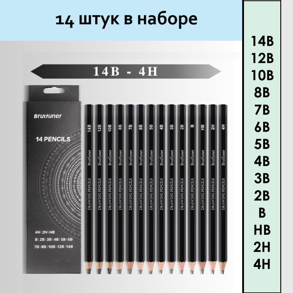 Набор профессиональных чернографитных карандашей 14 штук Brutfuner разной твёрдости 14B-4H для графики, #1