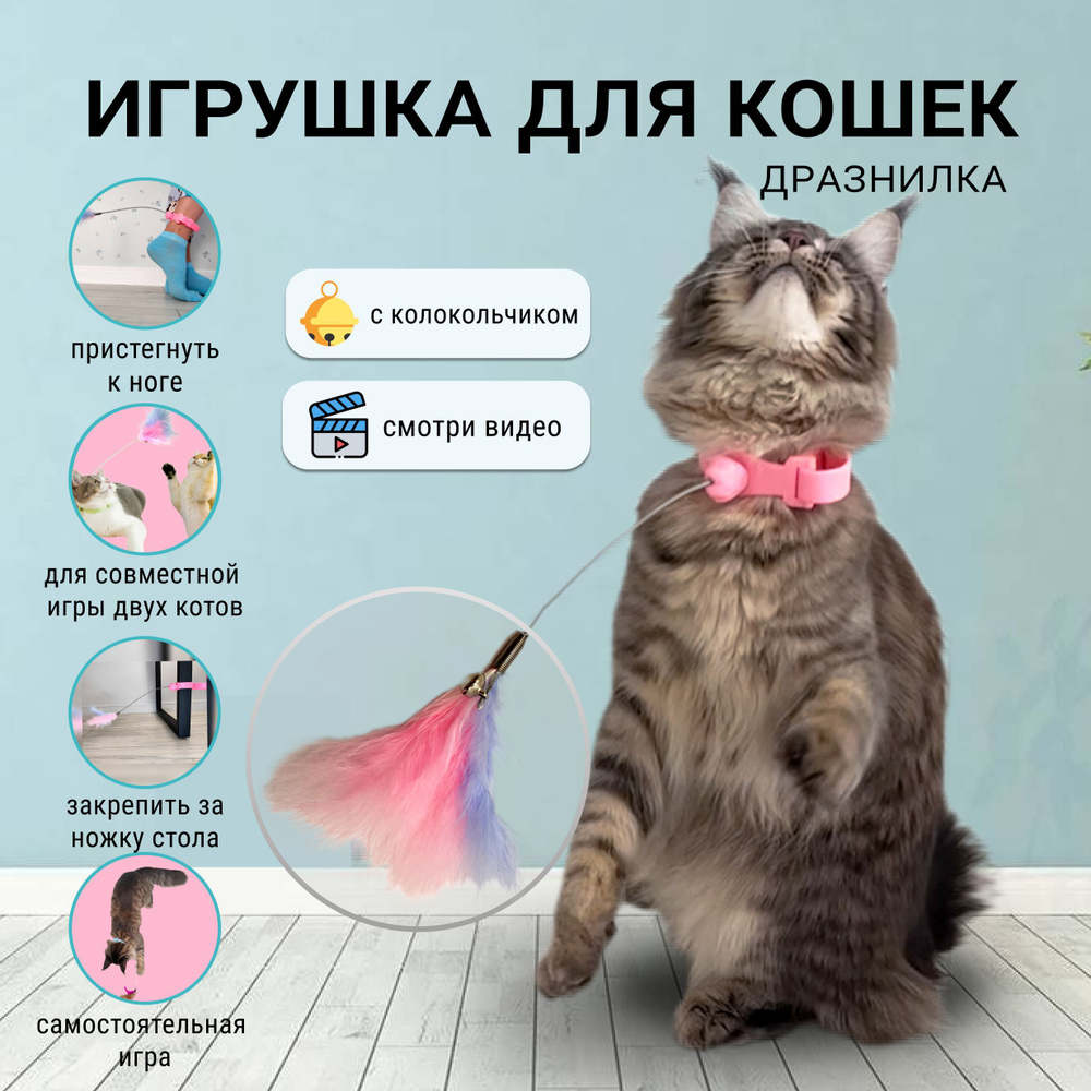 Игрушка на шею для кошек интерактивная, удочка дразнилка на шею/ зоотовары для котят и кошек/ игрушка #1