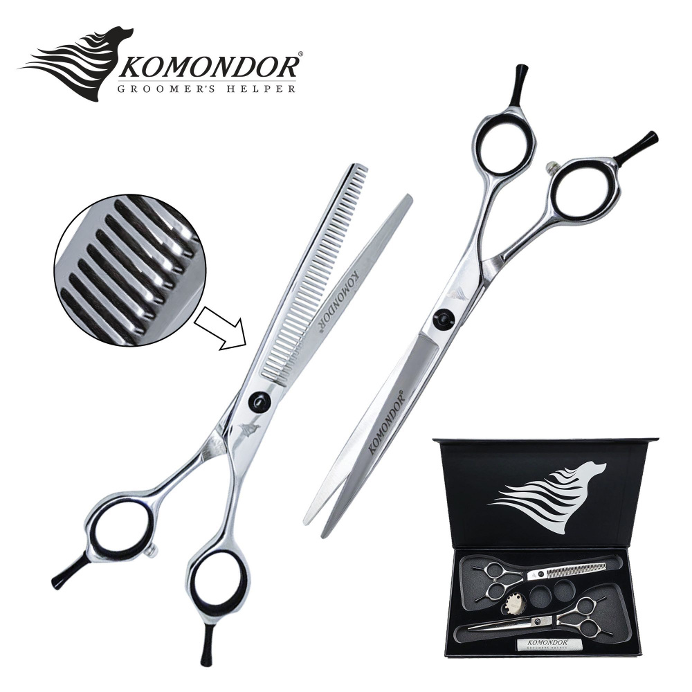 Набор ножниц для стрижки животных KOMONDOR NK-001, 7 дюймов, прямые и филировочные  #1