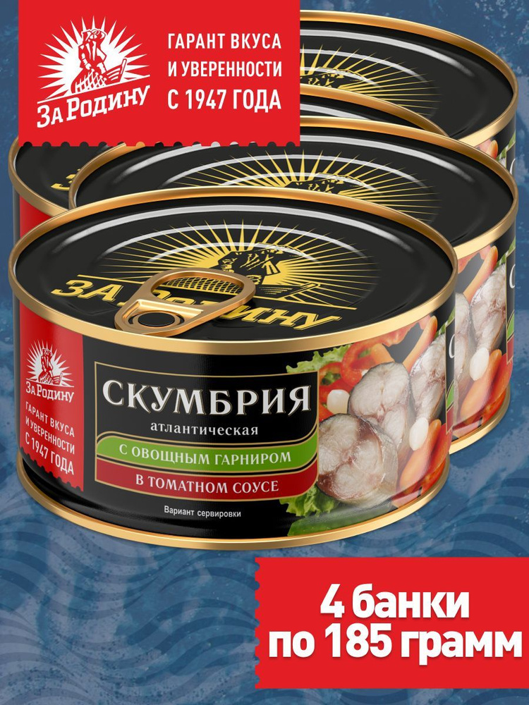 Скумбрия атлантическая с овощным гарниром в томатном соусе За Родину, 4 банки по 185 грамм  #1