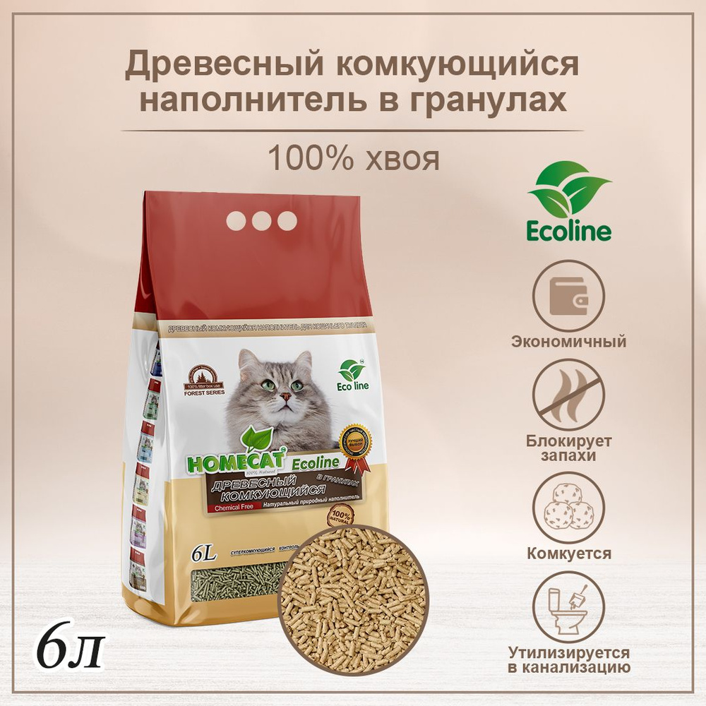Древесный комкующийся наполнитель Homecat Ecoline, в гранулах, для кошачьих туалетов, 6 л  #1