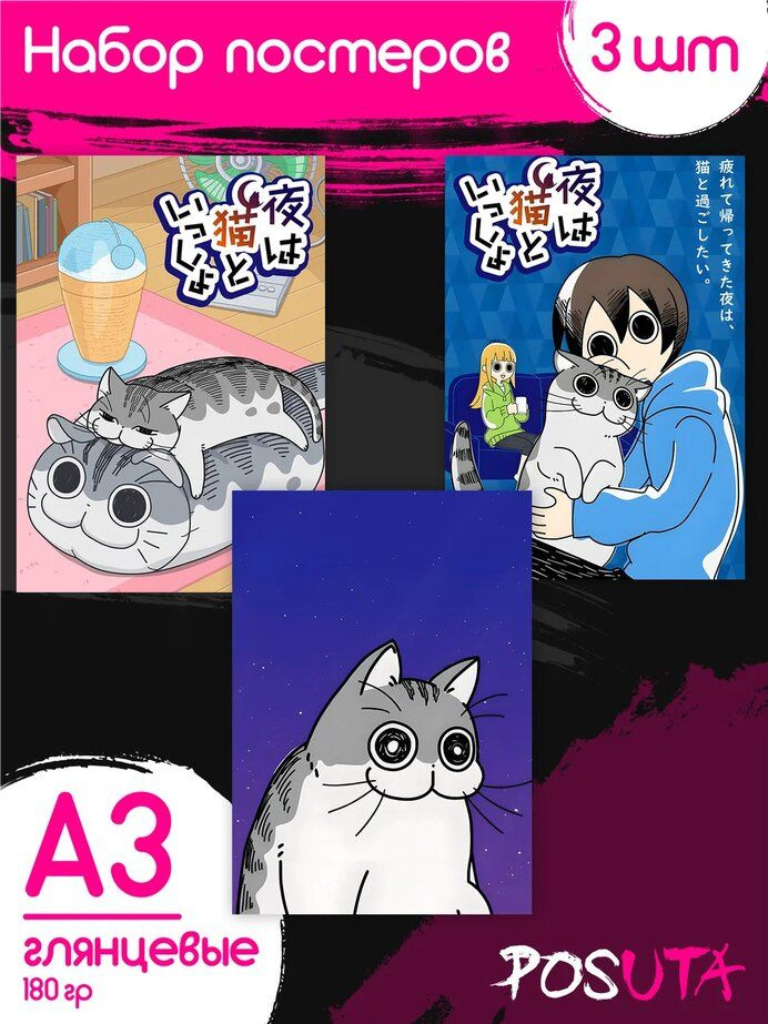 Постеры на стену Вечера с котом Аниме интерьерные #1