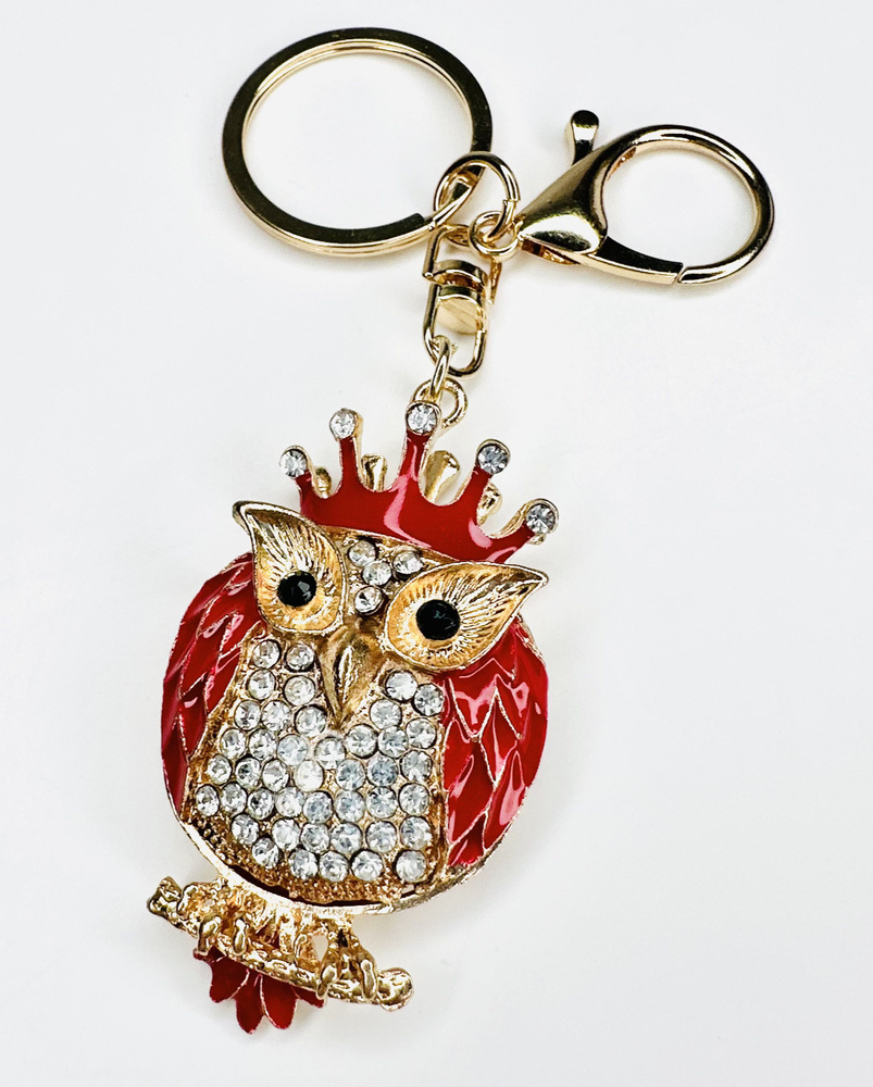 Брелок с карабином для ключей для сумки, большой золотой брелок с крупными камнями, брелок красная сова #1