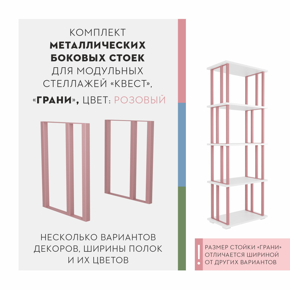 Комплект боковых стоек Грани для стеллажа Квест, 2 шт, розовый. Стеллаж для игрушек, для книг.  #1