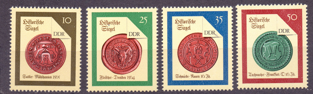 Марки почтовые для коллекции, Германия, ГДР, 1988 год, Исторические печати гильдий, полная серия из 4 #1