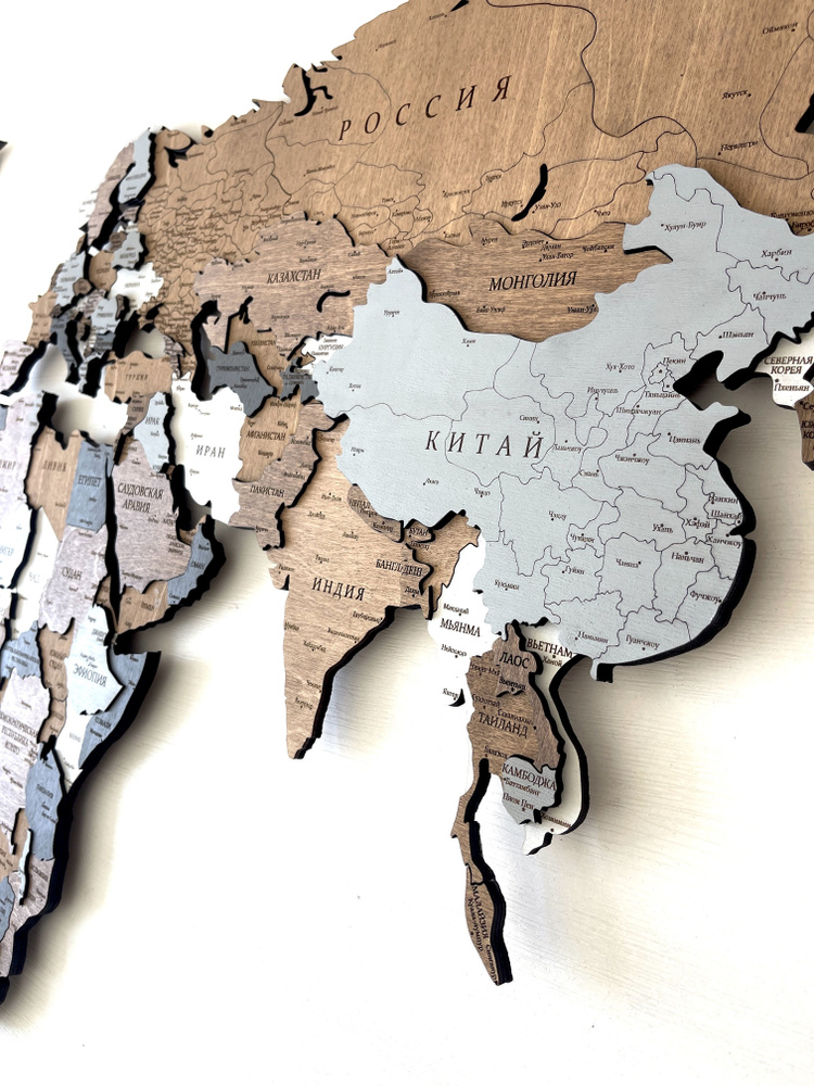 Деревянная карта мира на стену 3D многоуровневая 160/85 см в цвете орех и серо-кофейный на русском языке, #1