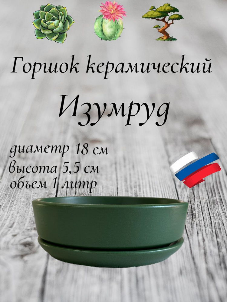 Керамический горшок "Афина Изумруд" для бонсай, кактусов и суккулентов, диаметр 18 см, высота 5,5 см #1