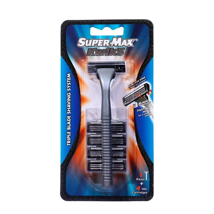 Станок для бритья, SUPER-MAX KWIK 3, многоразовый станок+4 сменных картриджа с тройным лезвием  #1