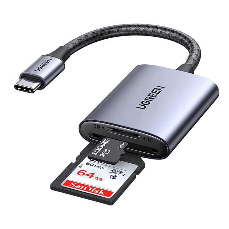 КартридерUGREENCM401(80888)USB-CtoSD/TFMemoryCardReaderAluCaseсерыйGrey